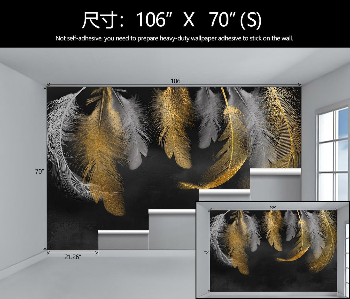 WFBHUA-Modern Gold Feather Wallpaper Large Art Dark Background Wall Mural for Living Room Bedroom (Not Peel and Stick)