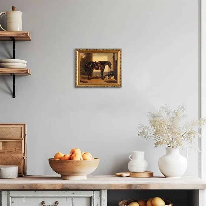 uniro Vintage Gold Framed Wall Art for Home Decor, Farmhouse Wall Decor Horse Canvas Artwork, Antique Animal Farm Poster Equestrian Wall Art for Nursery Wall Decor, Rustic Horse Aesthetic Picture for Bathroom, Living Room, Desktop decor - 8x10Inch