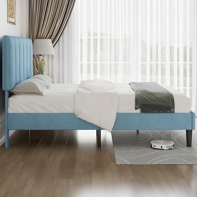 VECELO Queen Size Bed Frame with Upholstered Headboard, Heavy-Duty Bedframe with Wooden Slats & Steel Framework, Easy Assembly, Light Blue