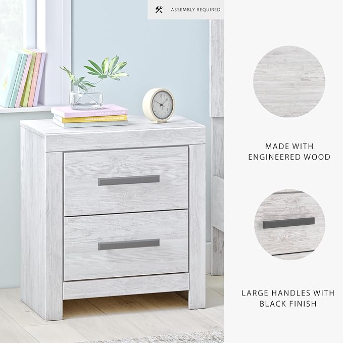 Signature Design by Ashley Cayboni Casual Nightstand with Framed Front and Pilasters, 2 Storage Drawers, Large Black Handles, Wood, 24.37" High, White
