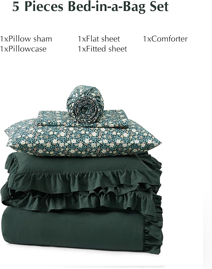 Twin XL Comforter Set - 5 Pieces Ruffle Forest Green Floral Bedding Sets, Shabby Chic Farmhouse Bed in a Bag with Ruffle Comforter, Floral Sheets, Pillowcase & Sham