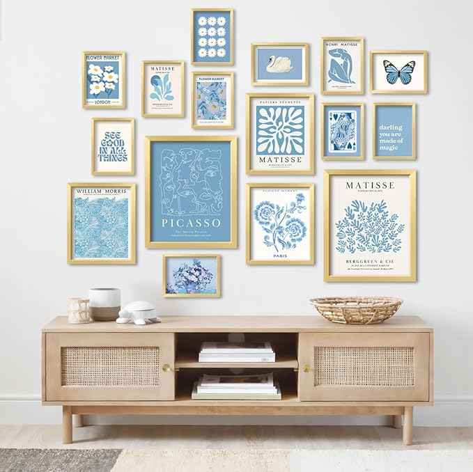 16 PCS Framed Blue Wall Art Decor, Matisse Wall Prints for Bedroom, Gallery Wall Frame Set, Minimalist Posters for Living Room Aesthetic, Collage Kit, Teen Girls Dorm Home Artwork