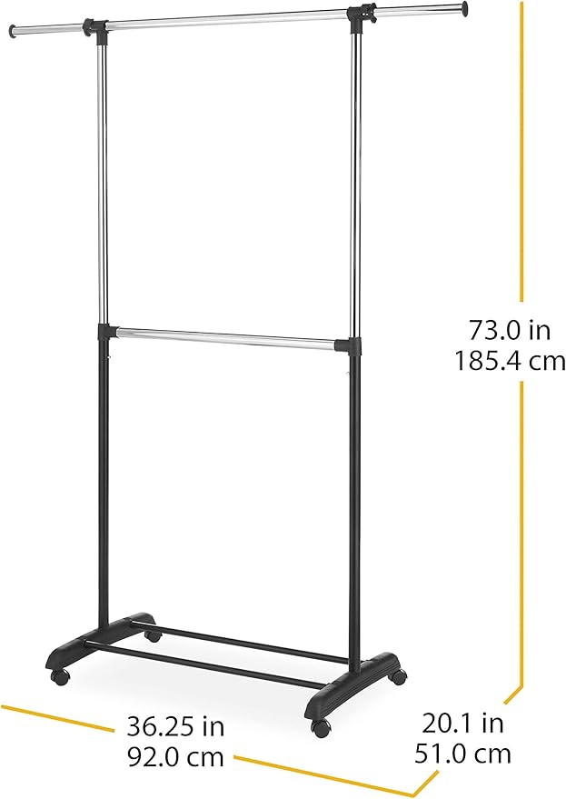 Whitmor Adjustable 2-Rod Garment Rack - Rolling Clothes Organizer - Black and Chrome