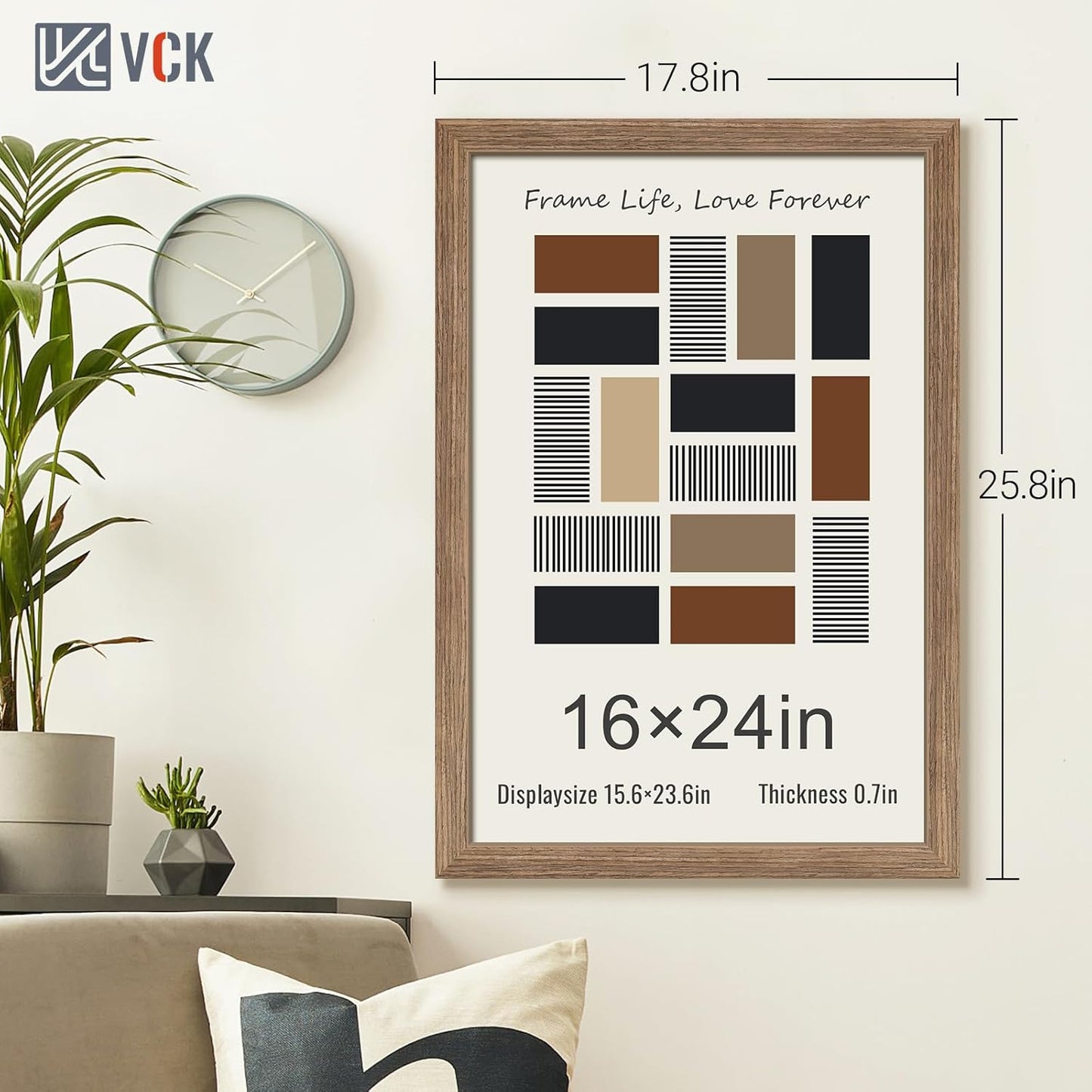VCK 16x24 Frame 3 Pack - Brown Walnut, Natural Textured Solid Wood Poster Picture Frame, Wall Mounting Hanging