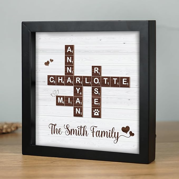 Personalized Family Name Crossword Scrabble Wooden Framed Wall Art Decor Living Room Customized Letters Puzzle for Gift for Lovers, Valentine's Day, Christmas, Birthday, Anniversary