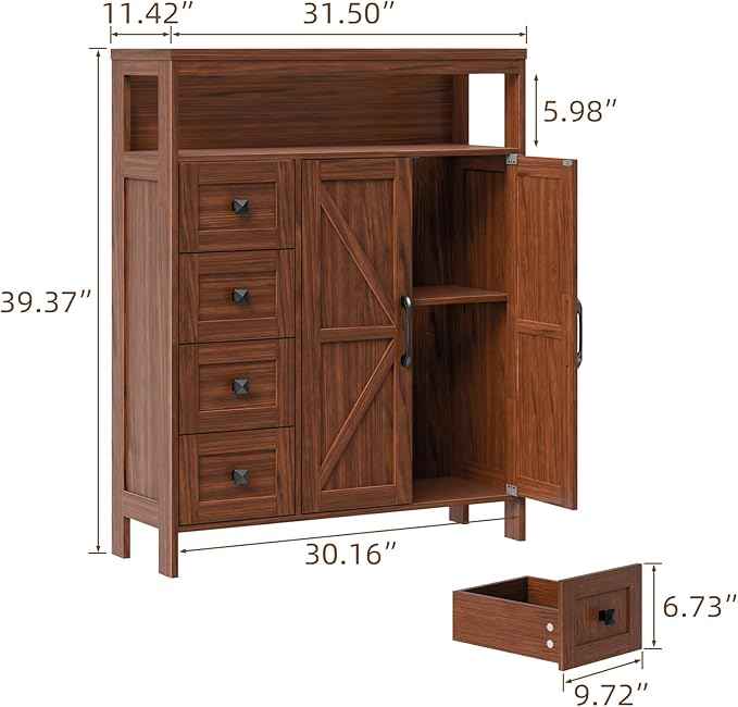 Vabches Farmhouse Storage Cabinet with 2 Doors and 4 Drawers, Freestanding Bathroom Compartment Kitchen Pantry Cabinet, Floor Cupboard for Kitchen/Living Room/Bathroom,Walnut