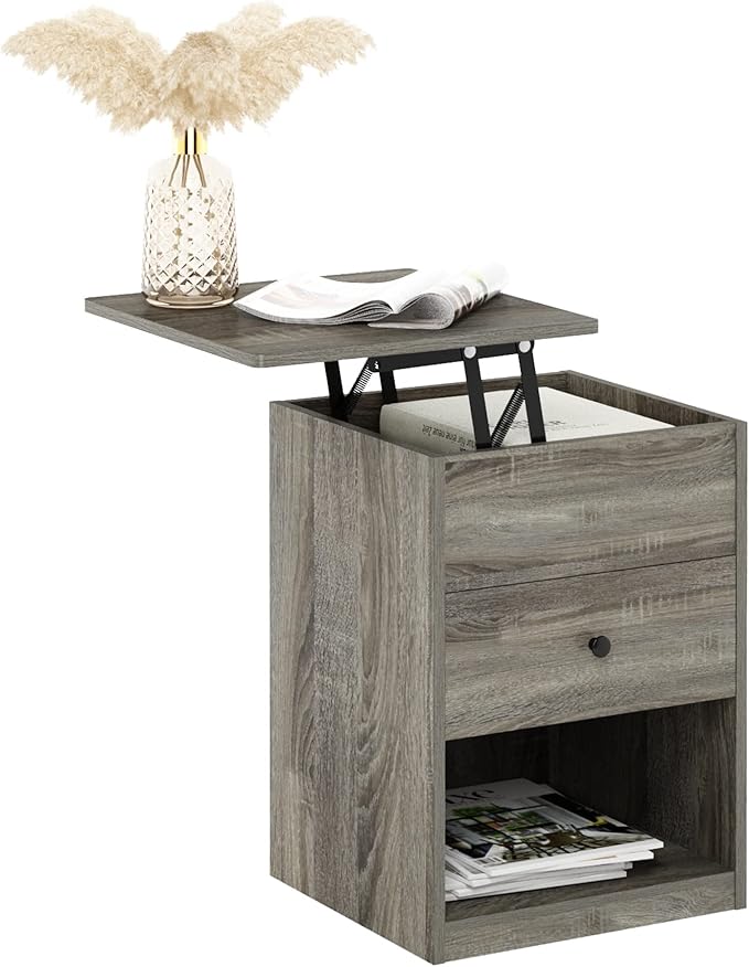 Furinno Jensen Lift Top Nightstand, French Oak Grey