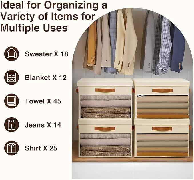 Foldable Decorative Organizers with Clear Windows & Handles, Collapsible Decorative Boxes with Lids, Fabric Containers for Living Room, Dorm, Beige
