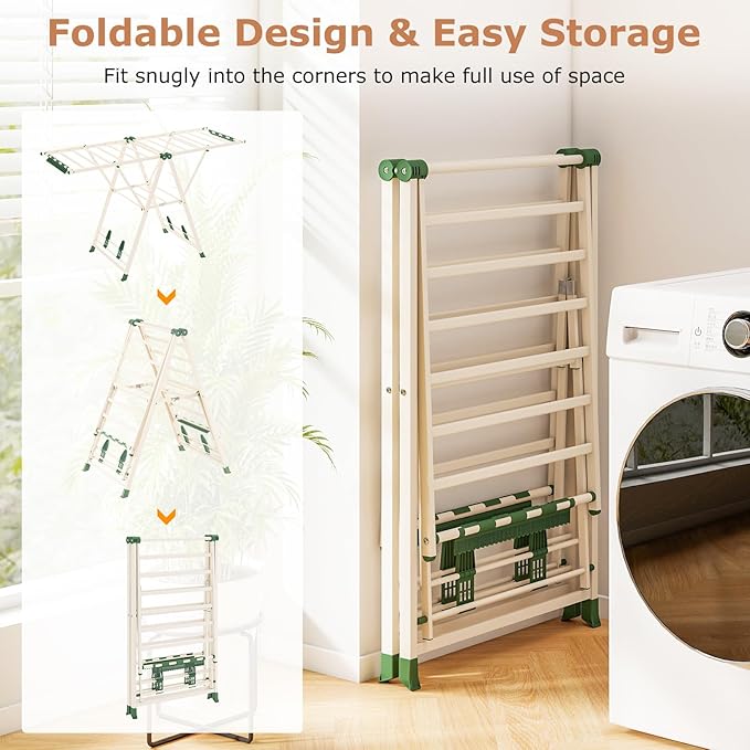 Giantex Clothes Drying Rack, Foldable Metal Laundry Drying Rack with Height Adjustable Wings, 16 Drying Rails, Sock Clips & Shoe Racks, Freestanding Clothing Stand for Indoor & Outdoor, Beige