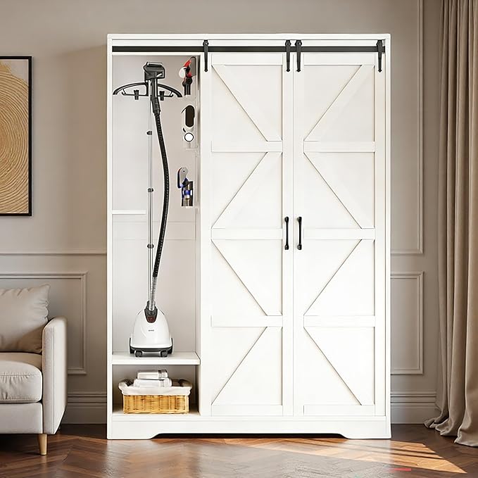 Broom Closet Storage Cabinet, 67" H Wooden Vacuum Storage Cabinet, Utility Closet with Sliding Door, Cleaning Tool Organizer with Shelf and 6 Pack Broom Holder, 67.1" H×47.2" W×15.7" D, White