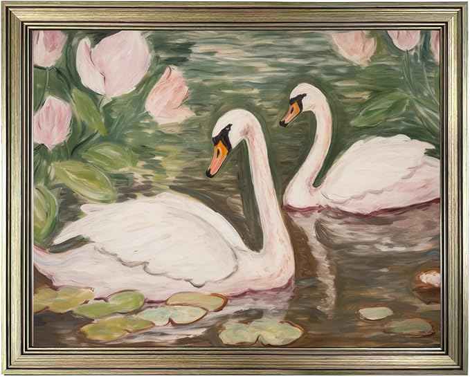 Swan Wall Art Vintage Framed Animal Wall Decor Pink and Green Girls Room Decor Girly Office Canvas Print Painting Home Artwork