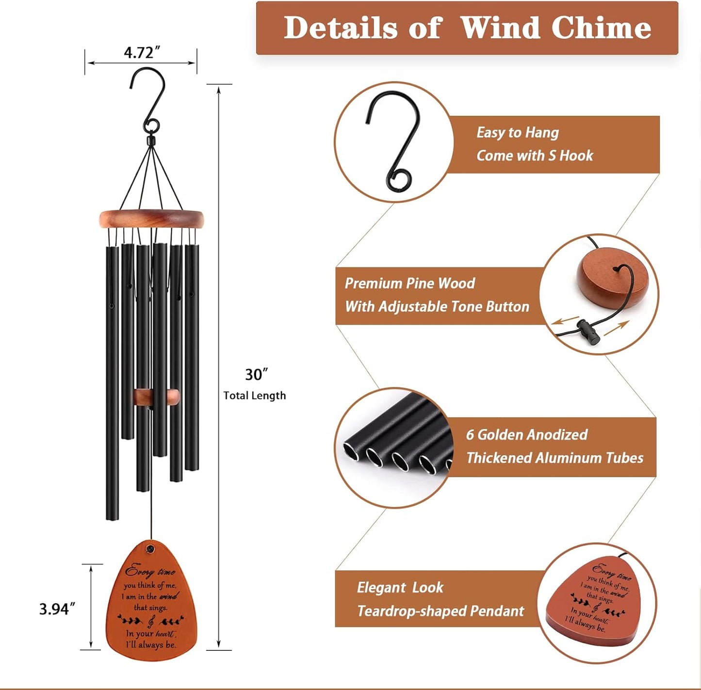 Sympathy Wind Chimes, Memorial Wind Chimes for Loss of Loved One, Sympathy/Memorial/Bereavement/Condolence Funeral Gifts in Memory of a Loved One Mother Father, 30" Wooden