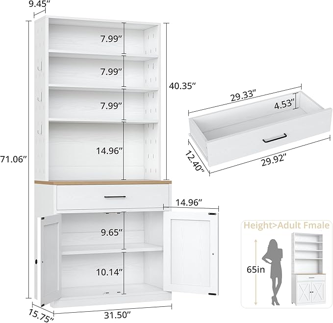IRONCK Bakers Rack Microwave Stand Storage and Customizable Pegboard, 71" Farmhouse Coffee Bar Cabinet with Drawer, Barn Doors, Adjustable Shelves for Kitchen, Dining Room, White