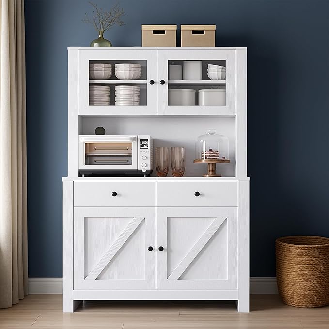 IDEALHOUSE 63" Kitchen Pantry Cabinet with Drawers, Hutch Cabinet with Storage, Microwave Stand, Adjustable Shelves, Freestanding Tall Pantry Storage for Dining Room, Living Room, White