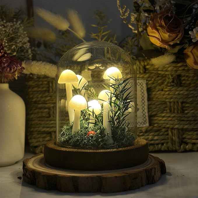 White Mushroom Lamp, Decor LED Light in Glass Dome with Base for Home Bedroom Decor, Birthday Valentines Anniversaries Gifts Box(White)
