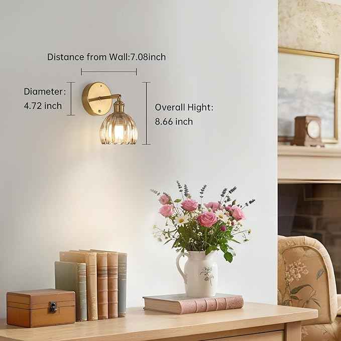 Battery Operated Vintage Wall Sconces with Amber Tulip Glass Lampshade Battery Powered Wall Lighting for Bedside Bedroom Doorway, Set of 2