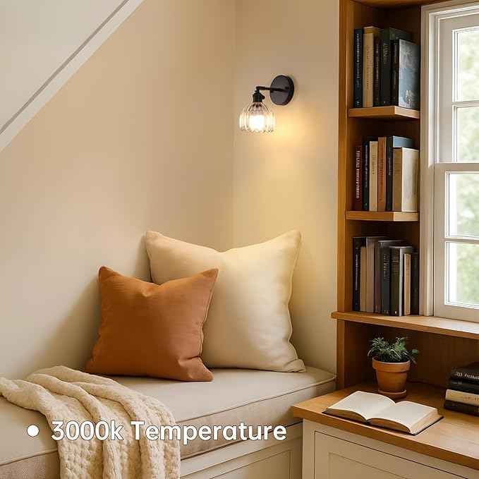 Vintage Battery Operated Wall Sconce with Transparent Tulip Glass Lampshade Rechargeable Battery Powered Black Wall Light with Remote Control for Bedside Bedroom Doorway, Set of 2