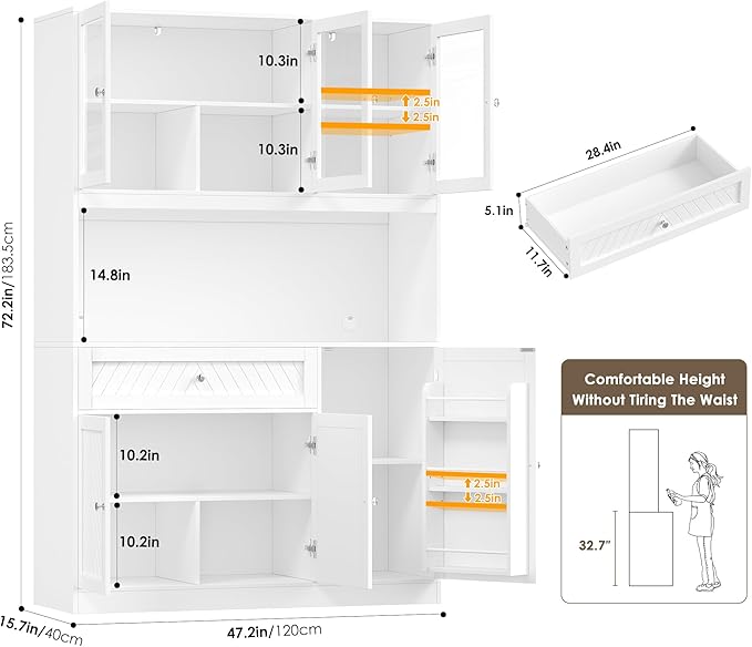72” Tall Kitchen Pantry Storage Cabinet, Modern White Kitchen Hutch with Large Storage Drawer, Countertop, Adjustable Shelves, Food Pantry Cabinets for Dining Room, Living Room