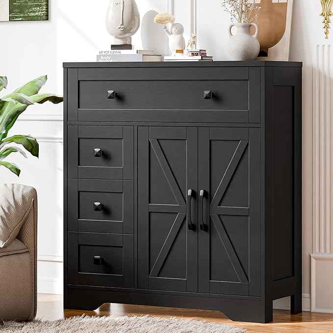 Vabches Farmhouse Storage Cabinet with 2 Doors and 4 Drawers, Freestanding Bathroom Storage Cabinet Kitchen Pantry, Floor Hutch Cupboard for Living Room/Bathroom/Kitchen,(Pure Black)