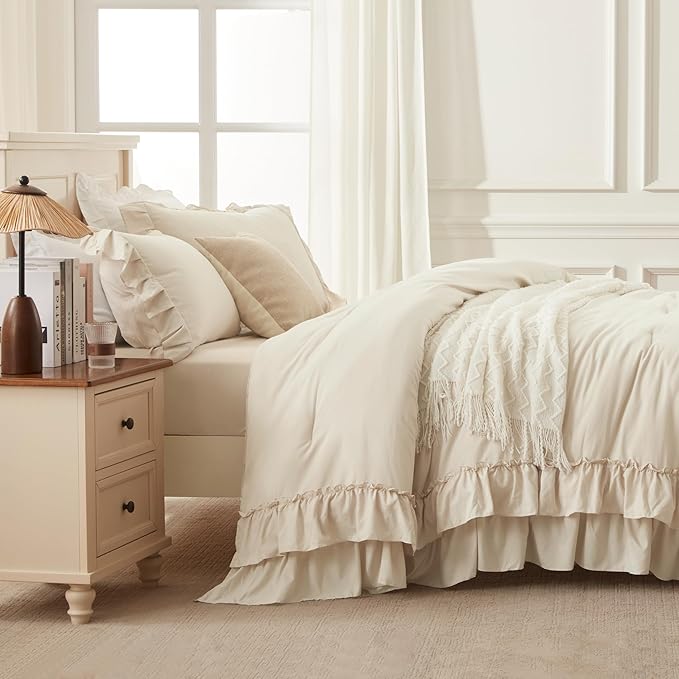 Andency Beige California King Comforter Set, 3 Pieces Farmhouse Shabby Chic Bedding Comforter Sets, Lightweight Fluffy Soft Microfiber All Season Bed Set(104x96In Comforter)