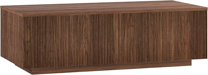 Henn&Hart 48" Fluted Rectangular Low-Profile Coffee Table with Ribbed Base for Living Room, Family Room, or Office, Medium Walnut
