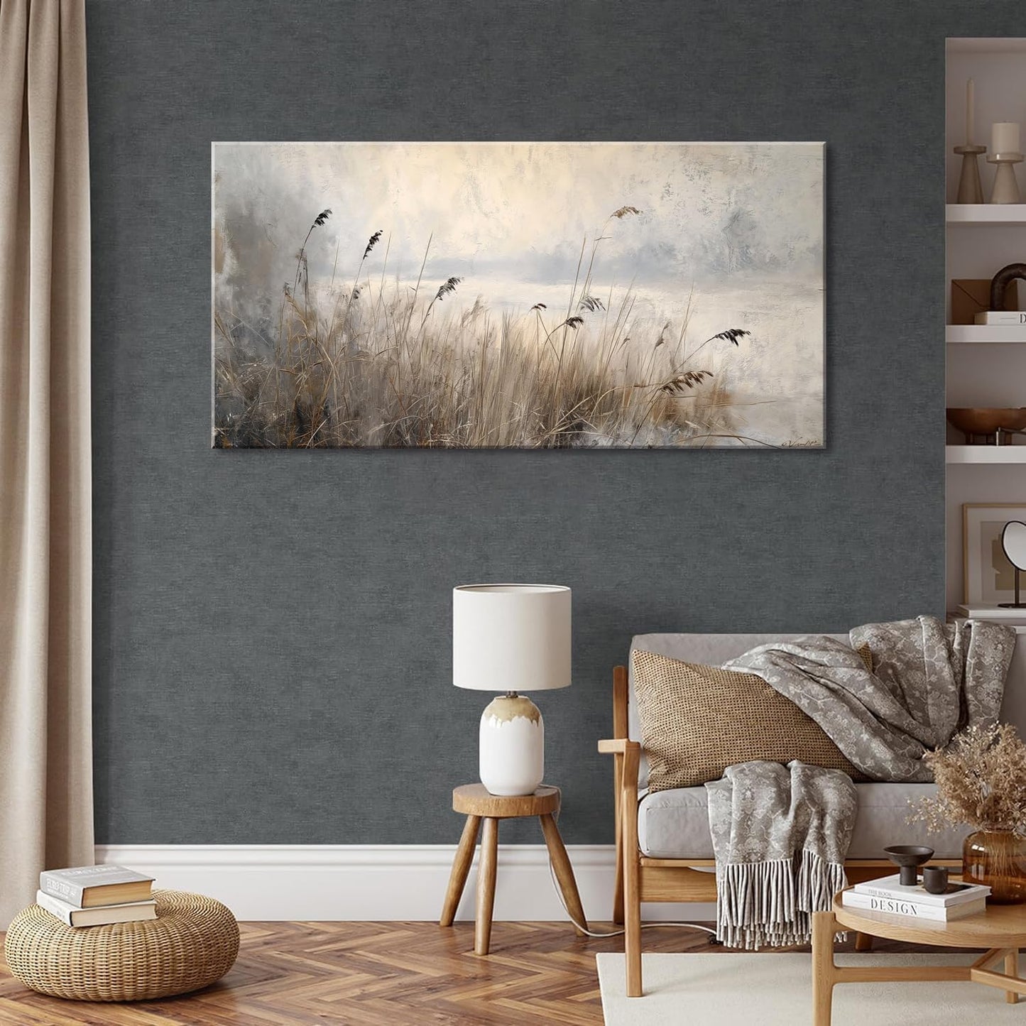 LASMOND Vintage Meadow Wall Art for Living Room Reed Grass Canvas Painting Prints Large Retro Rustic Cottagecore Countryside Landscape Farmhouse Bedroom Artwork Home Decor (46x23 Inches)