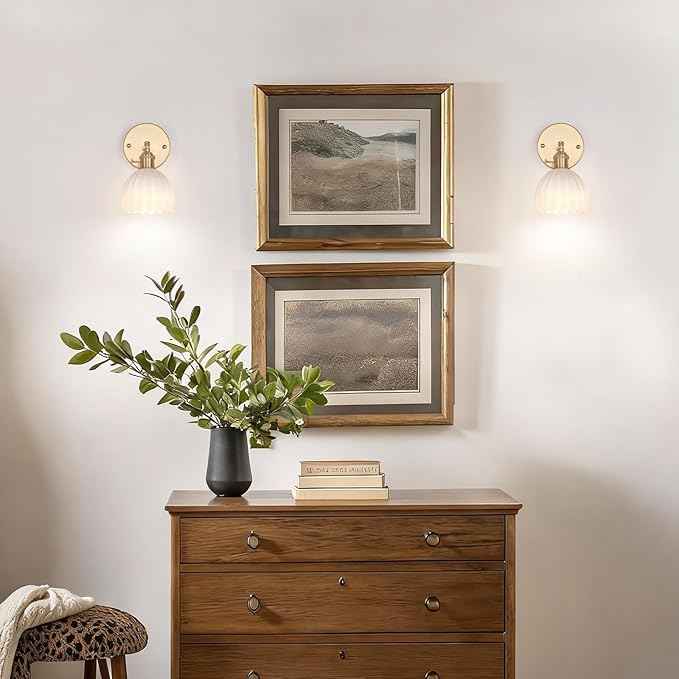 Vintage Battery Operated Wall Sconce with White Tulip Glass Lampshade Rechargeable Battery Powered Wall Light with Remote Control for Bedside Bedroom Doorway, Set of 2