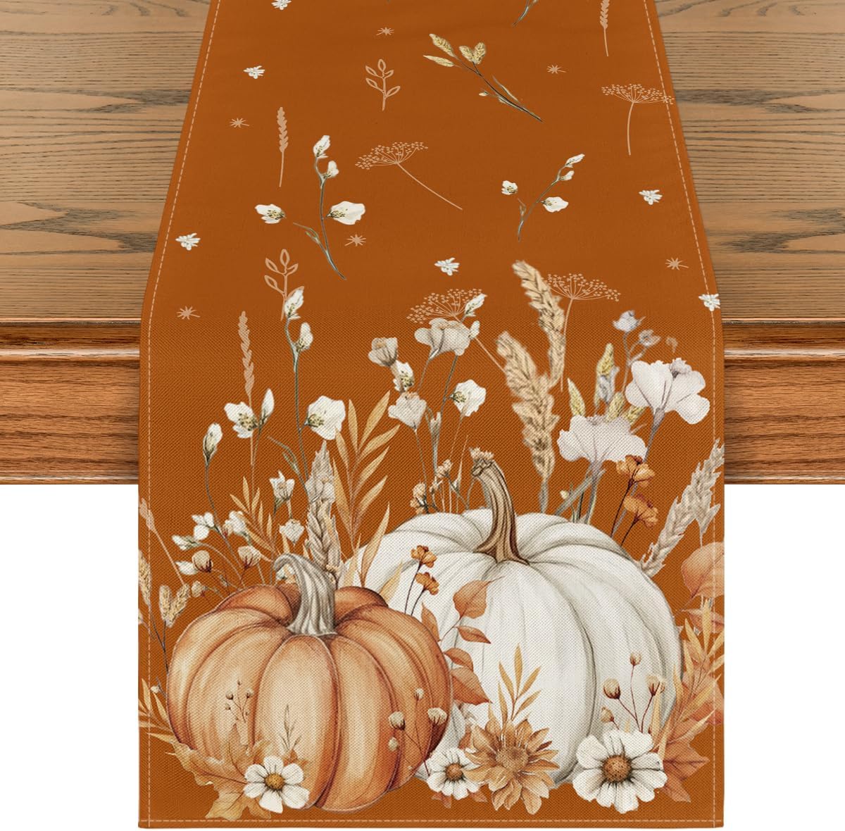 Artoid Mode Orange Pumpkins Leaves Flowers 210 GSM Fall Table Runner, Seasonal Autumn Kitchen Dining Table Decoration for Home Party Decor 13x120 Inch