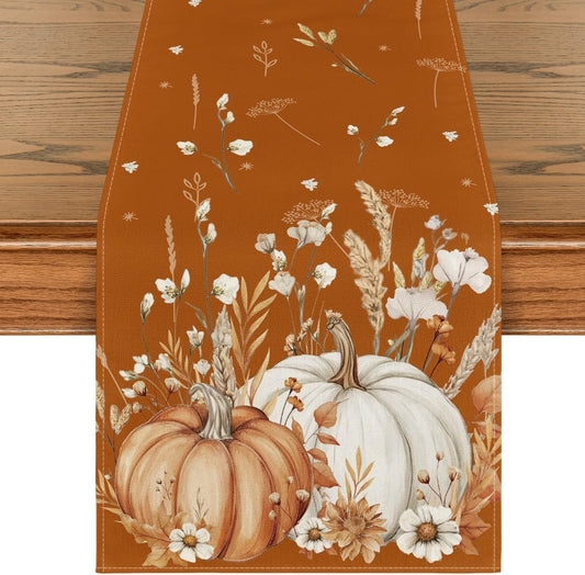 Artoid Mode Orange Pumpkins Leaves Flowers 210 GSM Fall Table Runner, Seasonal Autumn Kitchen Dining Table Decoration for Home Party Decor 13x36 Inch