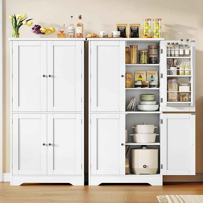 TEENFON 51" H Pantry Cabinet with 4 Doors, Kitchen Cabinet with 6 Door Shelves, Storage Cabinet for Living Room, Dining Room, Bathroom, White