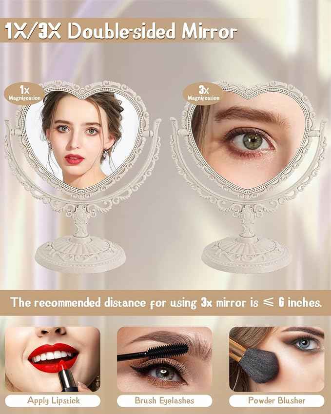 D&XQAUO Vintage Heart Mirror for Desk Cute Coquette Room Decor,Vanity & Bathroom Double-Sided Rotating Makeup Table Mirror with Stand