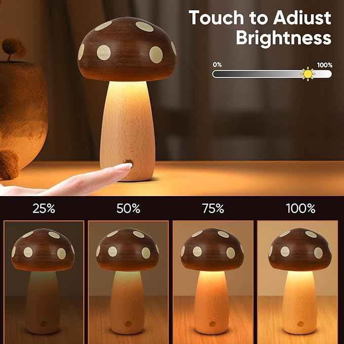 2 Pack LED Wood Mushroom Table Lamp, Rechargeable Cordless Touch Bedside Small Lamps, Wireless Stepless Dimming Night Light, Portable Battery Lamp for Bedroom Nightstand for Birthday Gifts