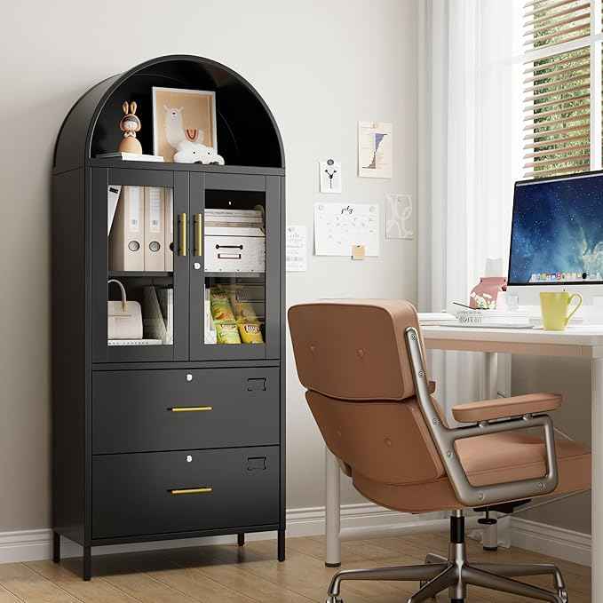Tall Black Arched Bookcase, Metal Arched Bookshelf with 2 File Drawers and Locking Glass Doors,Assemble Required