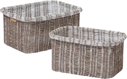 La Jolie Maison Blended Fabric Storage Baskets Set of 2, Rectangle Knitted Baskets for Organizing, Boho Decorative Baskets, Unique Design, Durable Finish, Mocha