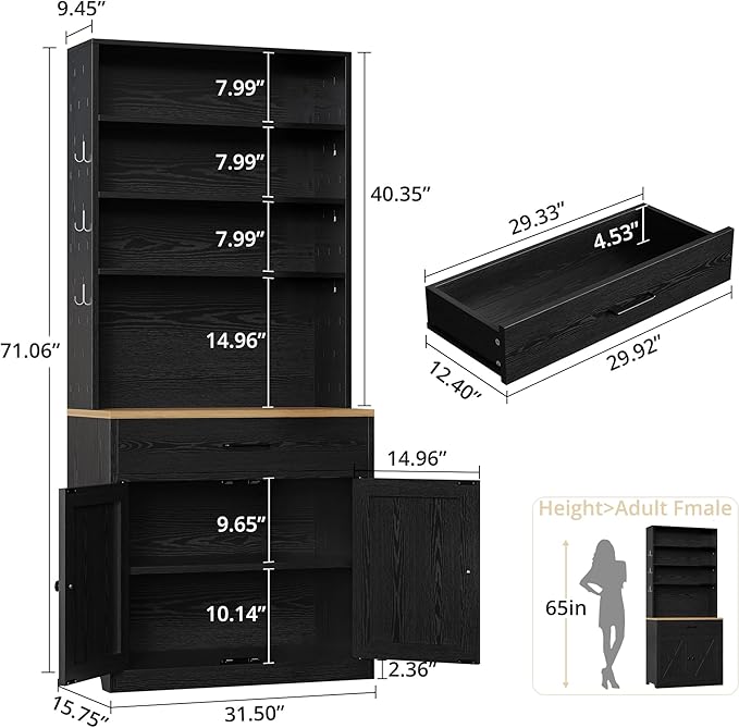 IRONCK Bakers Rack Microwave Stand with Customizable Pegboard and Storage, 71" Farmhouse Coffee Bar Cabinet with Drawer, Barn Doors, Adjustable Shelves for Kitchen, Dining Room, Living Room, Black