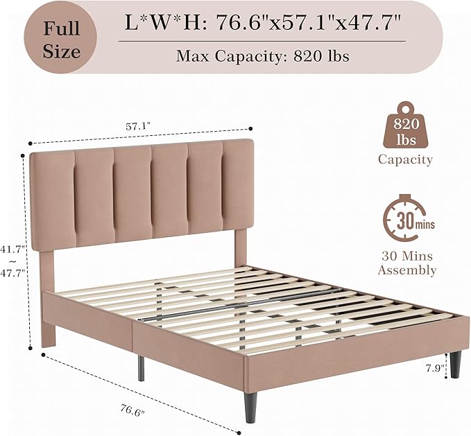 VECELO Full Bed Frame with Upholstered Headboard, Heavy-Duty Platform Bedframe with Strong Wooden Slats Support, No Boxing Spring Needed, Coffee