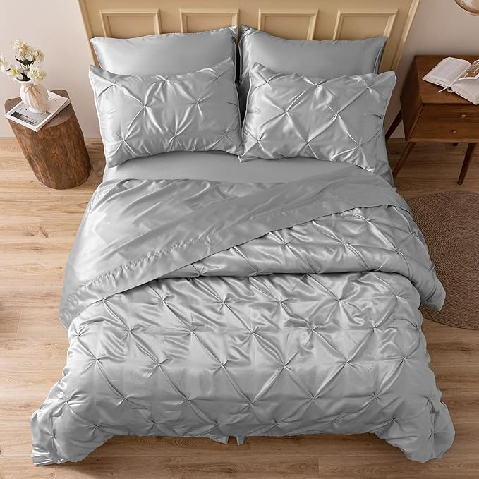 MR&HM Satin Comforter Twin 5 Pieces - Luxurious Pinch Pleat Bedding Set with Comforter, Flat Sheet, Fitted Sheet, Pillowcase & Sham, Super Silky Soft Bed Set for All Season (Twin, Silver Grey)