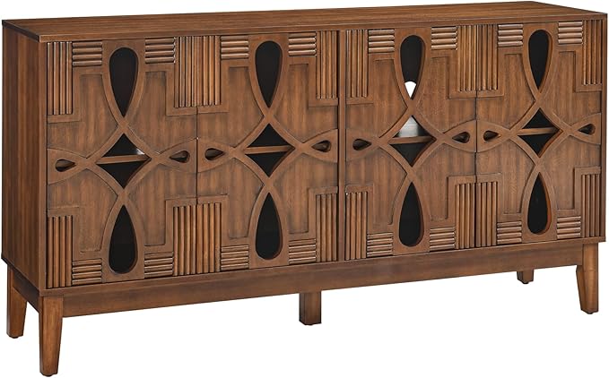Ball & Cast 60" Mid Century Modern Sideboard Cabinet with Openwork Carving, Media Console & Buffet Cabinet with 4 Doors and Adjustable Shelves for Living Room,Kitchen Coffee Bar, Dining Room, Walnut