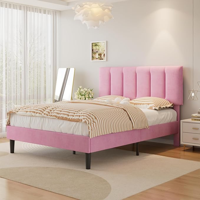 VECELO Queen Bed Frame with Upholstered Headboard, Heavy-Duty Platform Bedframe with Strong Wooden Slats Support, No Boxing Spring Needed, Pink