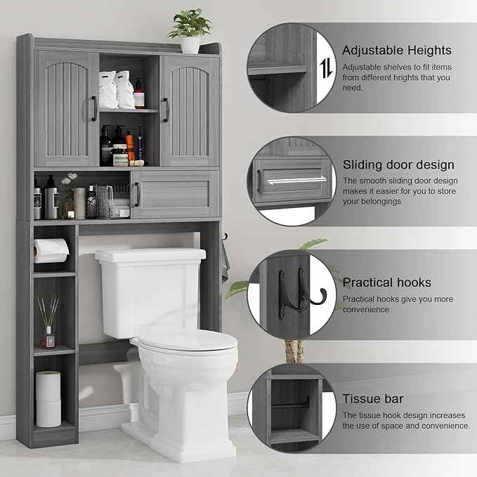 Vabches Farmhouse Over The Toilet Storage Cabinet with 2 Barn Doors & Sliding Door, Over The Toilet Bathroom Organizer with Open Storage Layer and Adjustable Shelves & Hooks.Grey