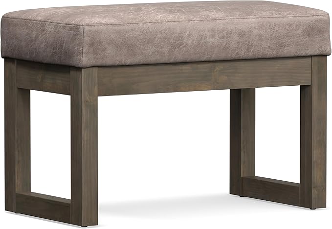 SIMPLIHOME Milltown Small Ottoman Bench - 27 inch Wide Upholstered Vegan Leather Rectangle Footstool Ottoman in Distressed Grey Taupe, Contemporary Bench for Bedroom with Cushioned Seat, Assembled
