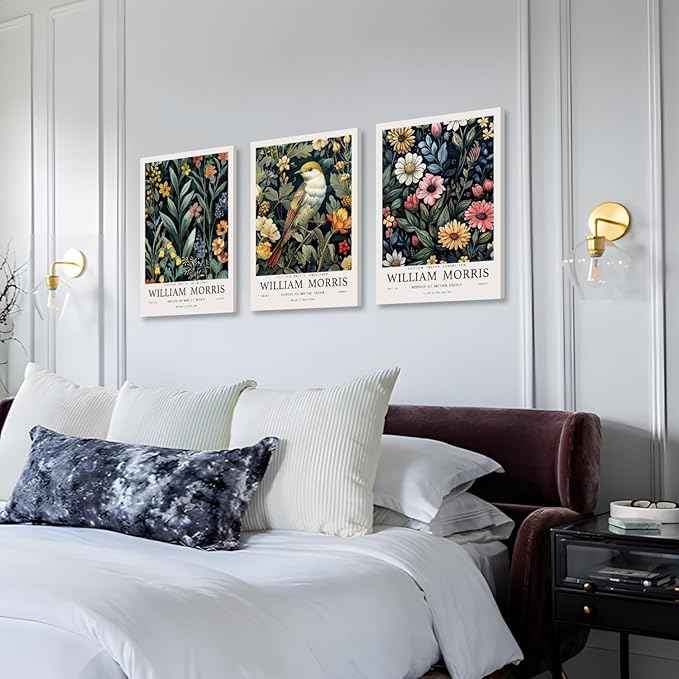 Hianan William Morris Floral Canvas Wall Art, Vintage Botanical Poster Prints, Bright Flower Bird Aesthetic Pictures, William Morris Animal Wall Decor for Living Room Bedroom Framed 12"x16"x3