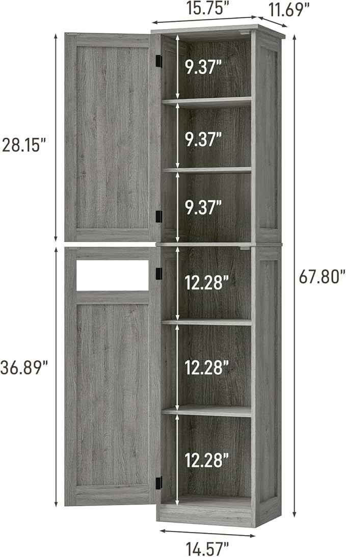 Vabches Tall Bathroom Cabinet, Slim Bathroom Storage Cabinet with Adjustable Shelves and 2 Doors, Narrow Floor Storage Cabinet for Bathrooms, Kitchen, Living Room, Rustic Grey