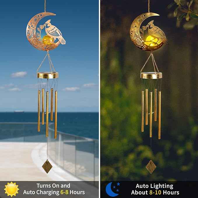 Moon Cardinal Wind Chime for Outside - Exquisite Vermilion Bird, Handmade Aluminum Wind Chimes for Garden/Lawn, Soothing Zen Decor, Perfect Asian-Themed Gift for Housewarming & Meditation Spaces