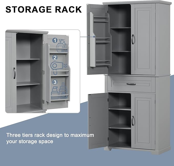 72.2" Storage Cabinet with Doors and Drawers, Tall and Wide Kicthen Pantry Cupboard Home Display Organizer with Door Shelf Rack for Bathroom, Adjustable Shelf, Gray