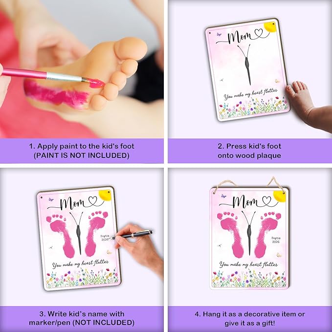 DIY Mothers Day Footprints Butterfly Craft Wooden Hanging Sign, Babys First Mothers Day Butterfly Footprint Keepsake Gifts, You Make My Heart Flutter Crafts Gift for 1st New Mom from Kid PreK Activity