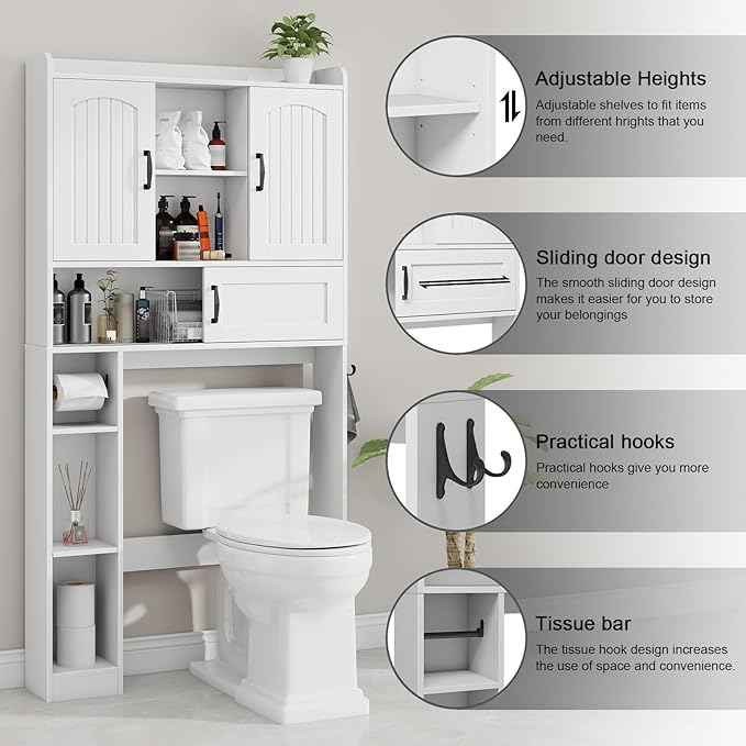 Vabches Farmhouse Over The Toilet Storage Cabinet with 2 Barn Doors & Sliding Door, Over The Toilet Bathroom Organizer with Open Storage Layer and Adjustable Shelves & Hooks.White