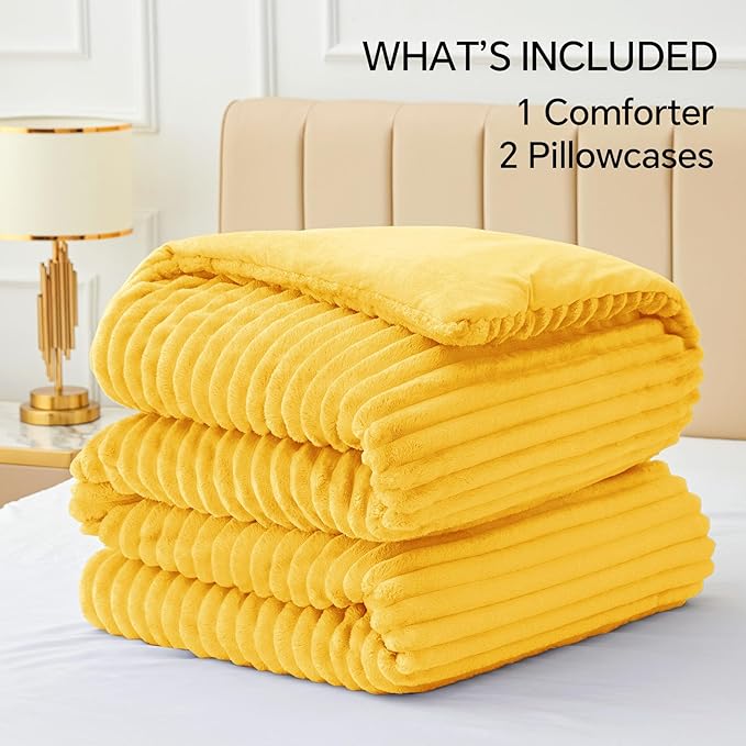 BEDELITE Fleece King Comforter Set -Super Soft & Warm Fluffy Bright Yellow Bedding, Luxury Fuzzy Heavy Bed Set for Winter with 2 Pillow Cases