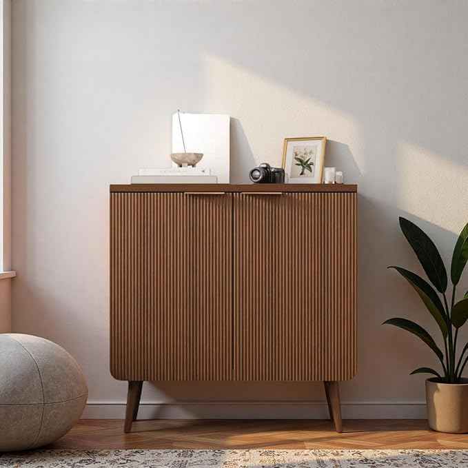 29.5" Modern Fluted Sideboard Cabinet with 2 Doors, Wood Storage Credenza with Shelves, Multi-Purpose Buffet Cabinet for Entryway, Dining & Living Room, Walnut