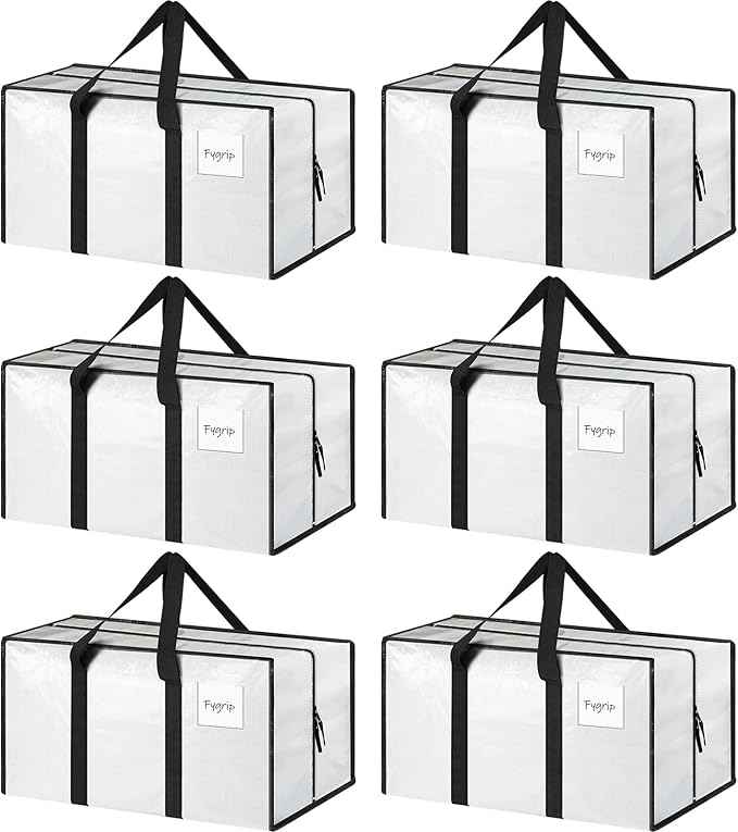 6 Pack Extra Heavy Duty Large Moving Bags with Strong Zipper & Comfortable Handles, Sturdy & Durable Clothes Storage Bags Totes Bins, Packing Moving Boxes for College Supplies, White